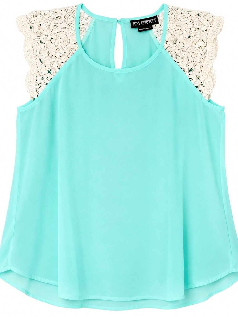 Miss Chevious Aqua Top with Cream Crochet Shoulders